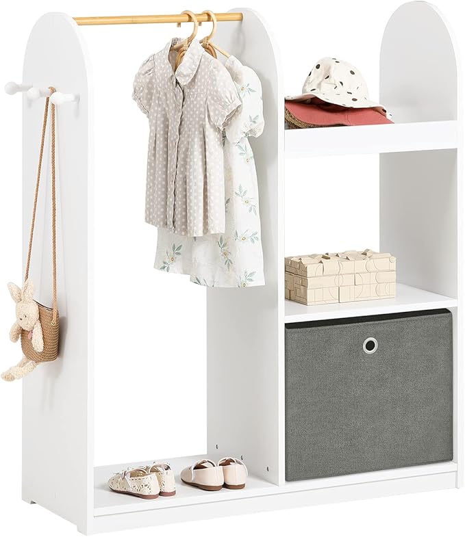 Armario Infantil con 3 Ganchos, 1 Cesta y 1 Percha Mueble Organizador Juguetes y Ropa